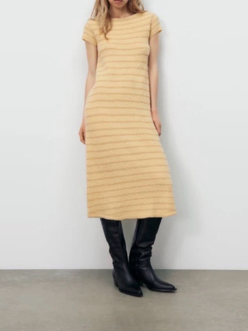 New ZARA Women’s Wool Blend Knit Midi Dress Sand / Marl Short Sleeves - Medium